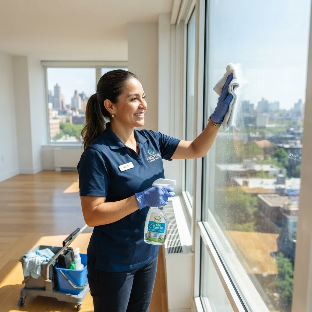 창문을 닦는 청소 전문가